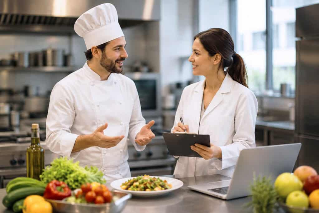 Chef che parla con nutrizionista